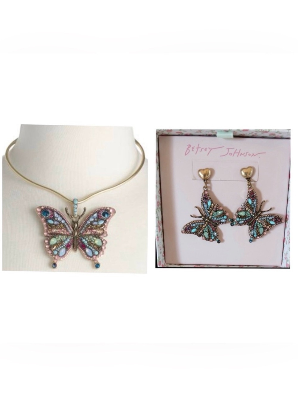 BETSEY JOHNSON SET Stones & Crystals Boho Butterfly Earrings & Necklace NEW NWT